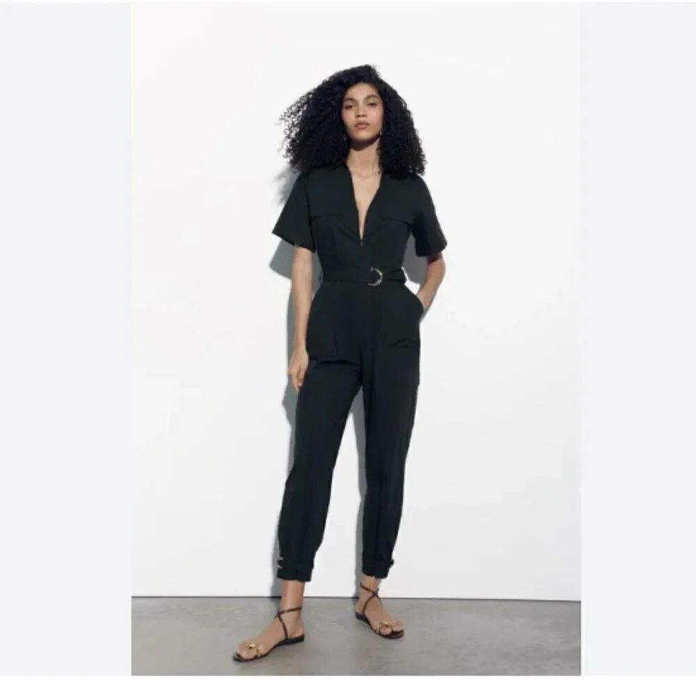Zara Womens Jumpsuit Cargo Black XS Poplin Cotton 7670/255 NWT